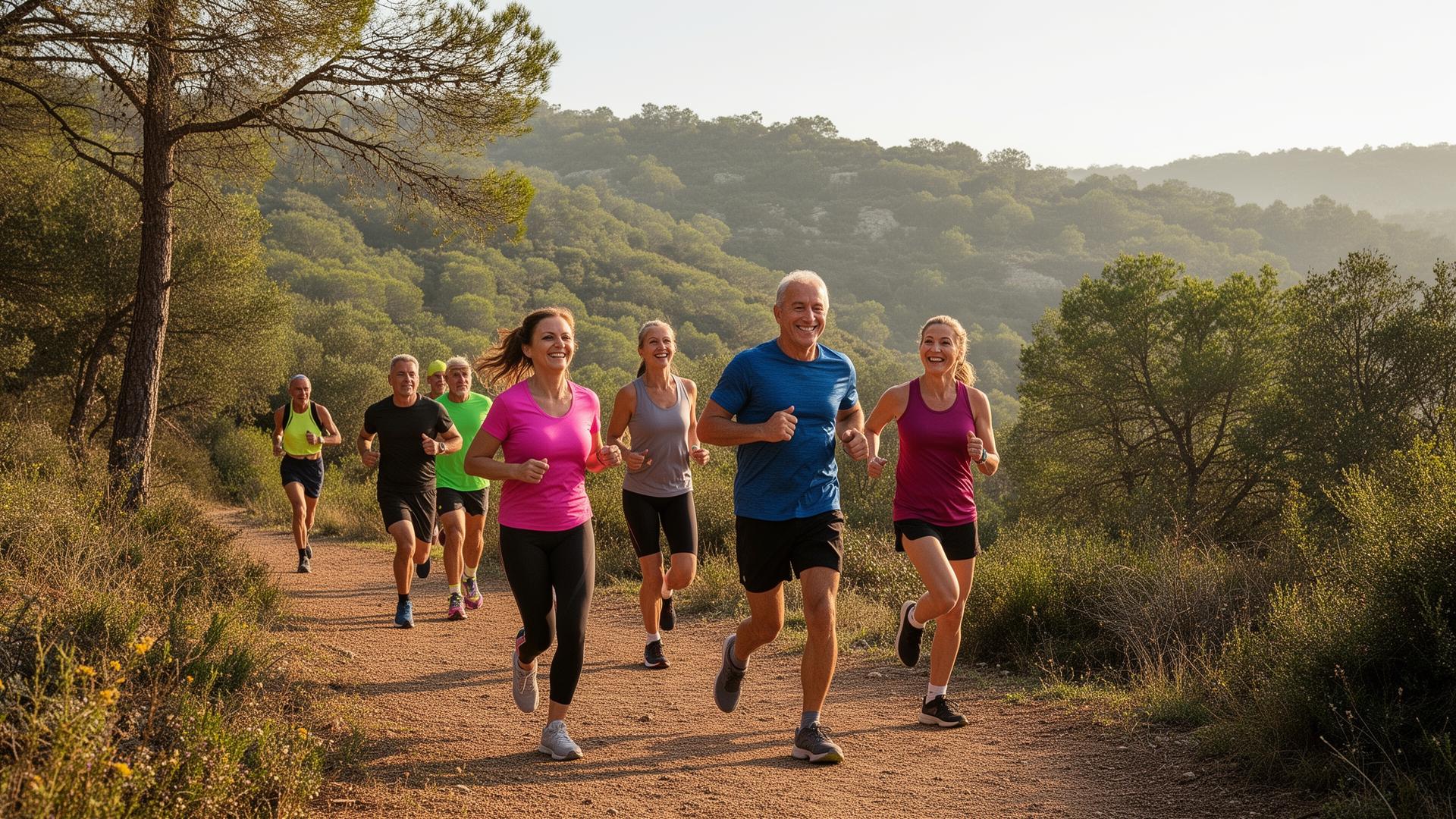 Active adults running together on scenic trail