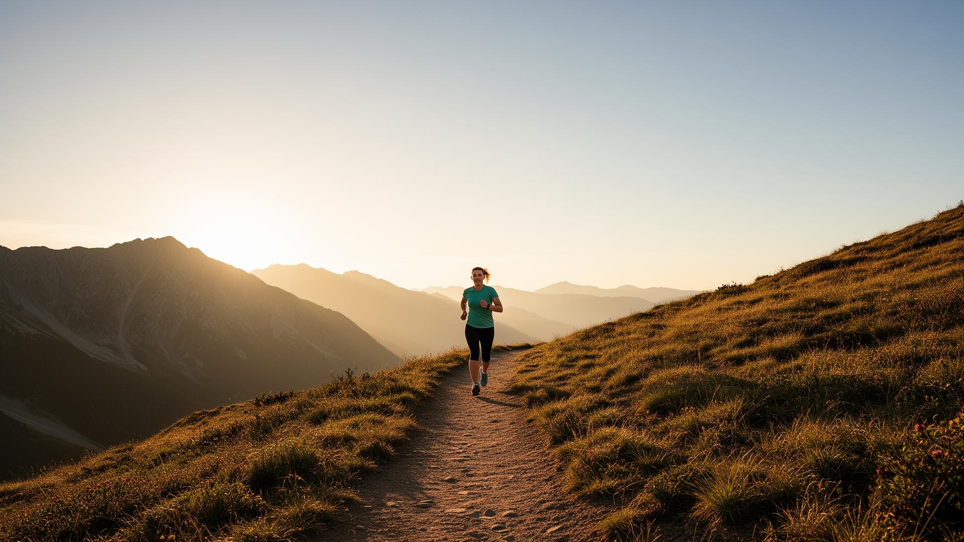 Runner on a mountain trail at sunset symbolizing a health journey