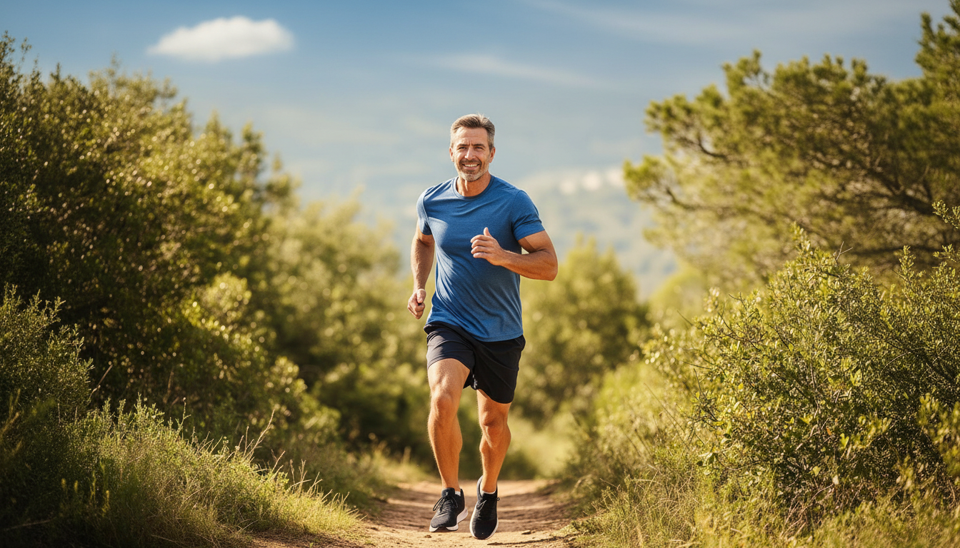 Healthy man running outdoors on a trail