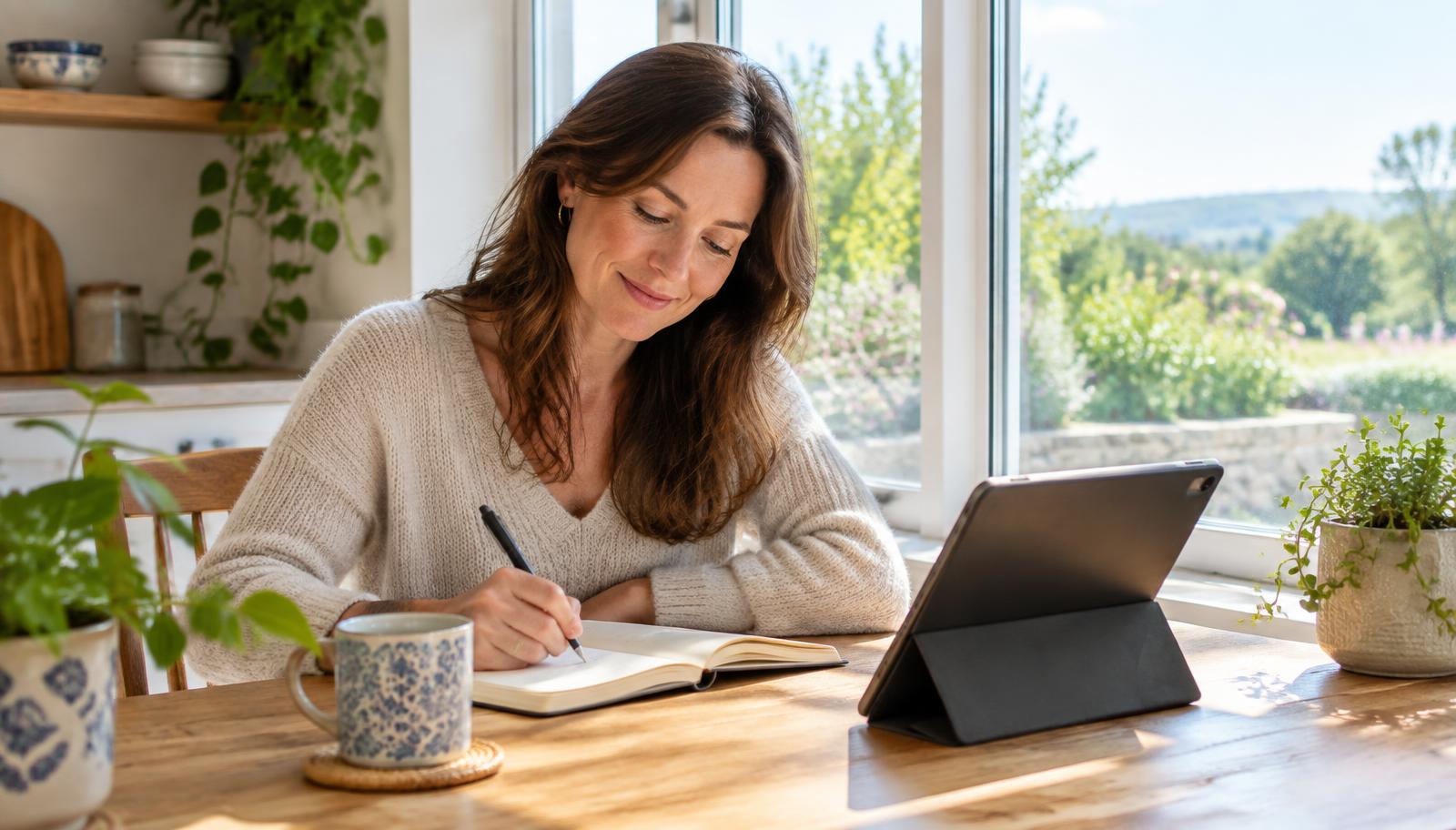 Woman planning a new habit in a notebook at her kitchen table