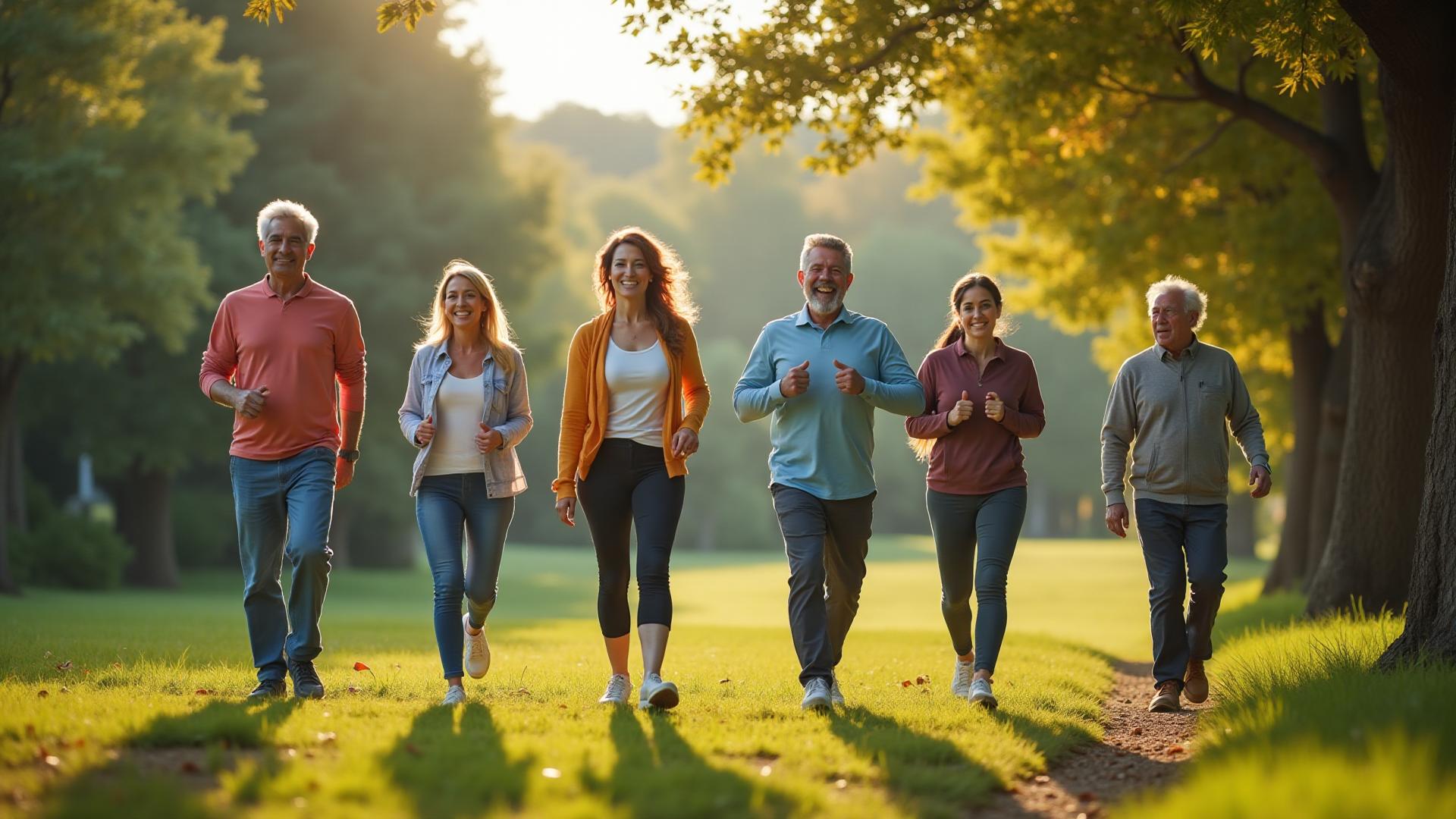 Group of adults walking and jogging together on a sunny park path